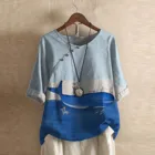 Harajuku футболка Женская топы Осенние Топы размера плюс на пуговицах с цветочным принтом 34 рукав льняная футболка Camisetas De Mujer Ropa Mujer