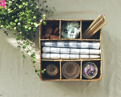 

7 Lattices Natural Handmade Woven Straw Desktop Storage Boxes Office Remote Control Key organizador Grid Mesh sundries Baskets