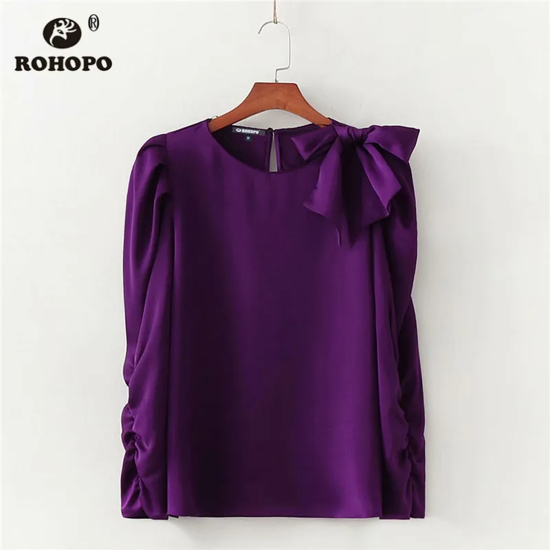 ROHOPO драпированные женские фиолетовые Топы с длинным рукавом и бантом на плечах