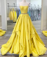 long yellow strapless beaded prom dresses with pockets lace upback robe de soiree floor length formal party dresses for women