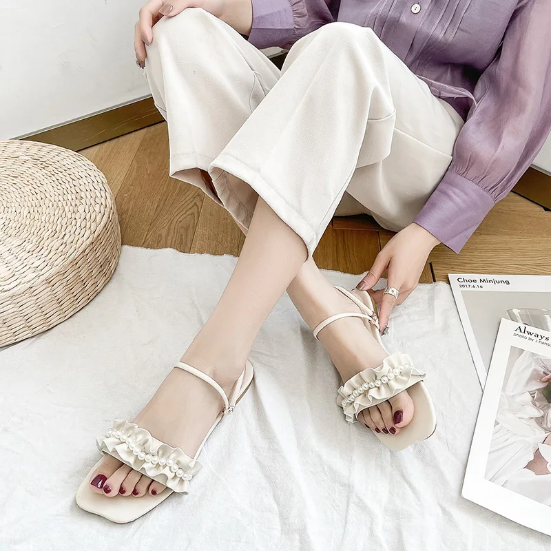 

Shoes Woman's Slippers String Bead Low Slides Fashion 2021 Summer Flat Luxury Fabric Rubber Rome Basic PU Scandals Flat Shoes Fe