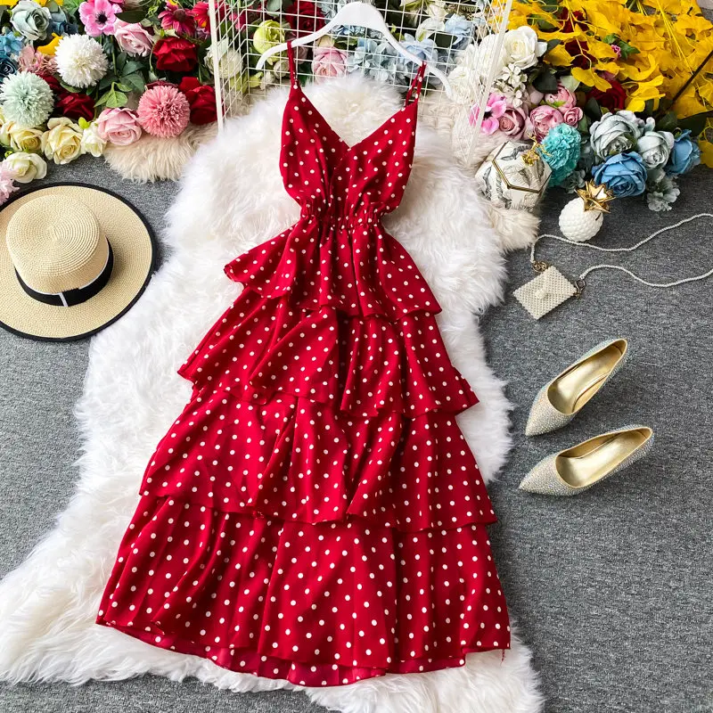 Женское платье в горошек LUOSHA летнее регулируемое на тонких бретельках Пляжное