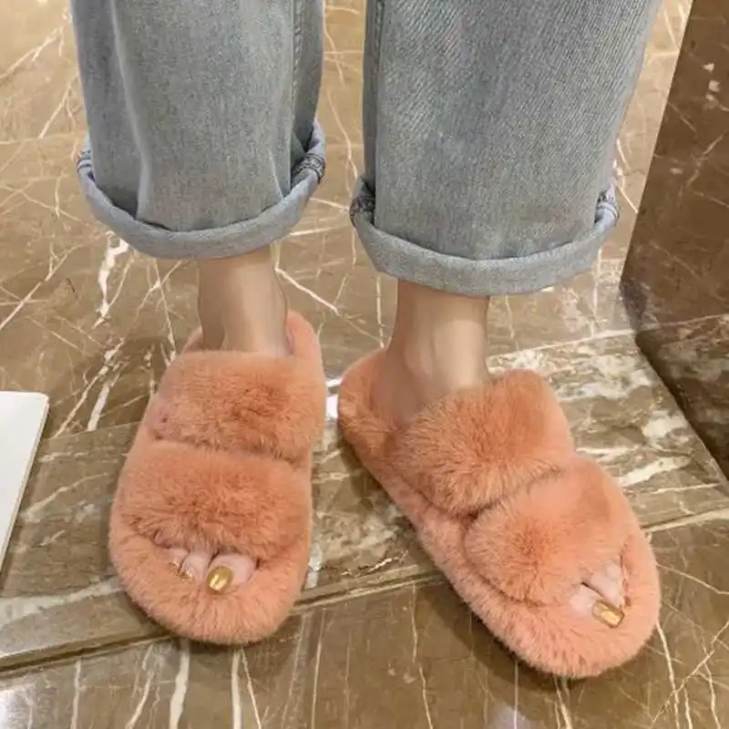 

2021 Winter Women House Furry Slippers Fashion Faux Fur Warm Comfortable Women Flats Female Home Slides Black Plush Slippers