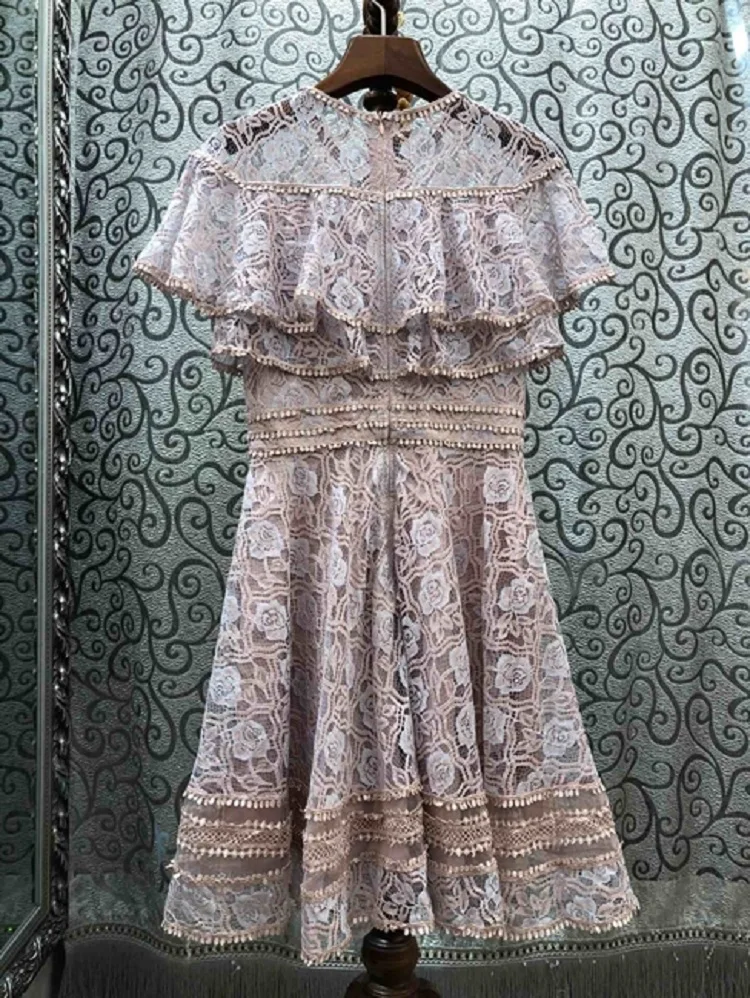 

Quality New Top 2021 Summer Fashion Runway Dress Women Cape Poncho Style Allover Crochet Lace Embroidery Dress Pink Blue White