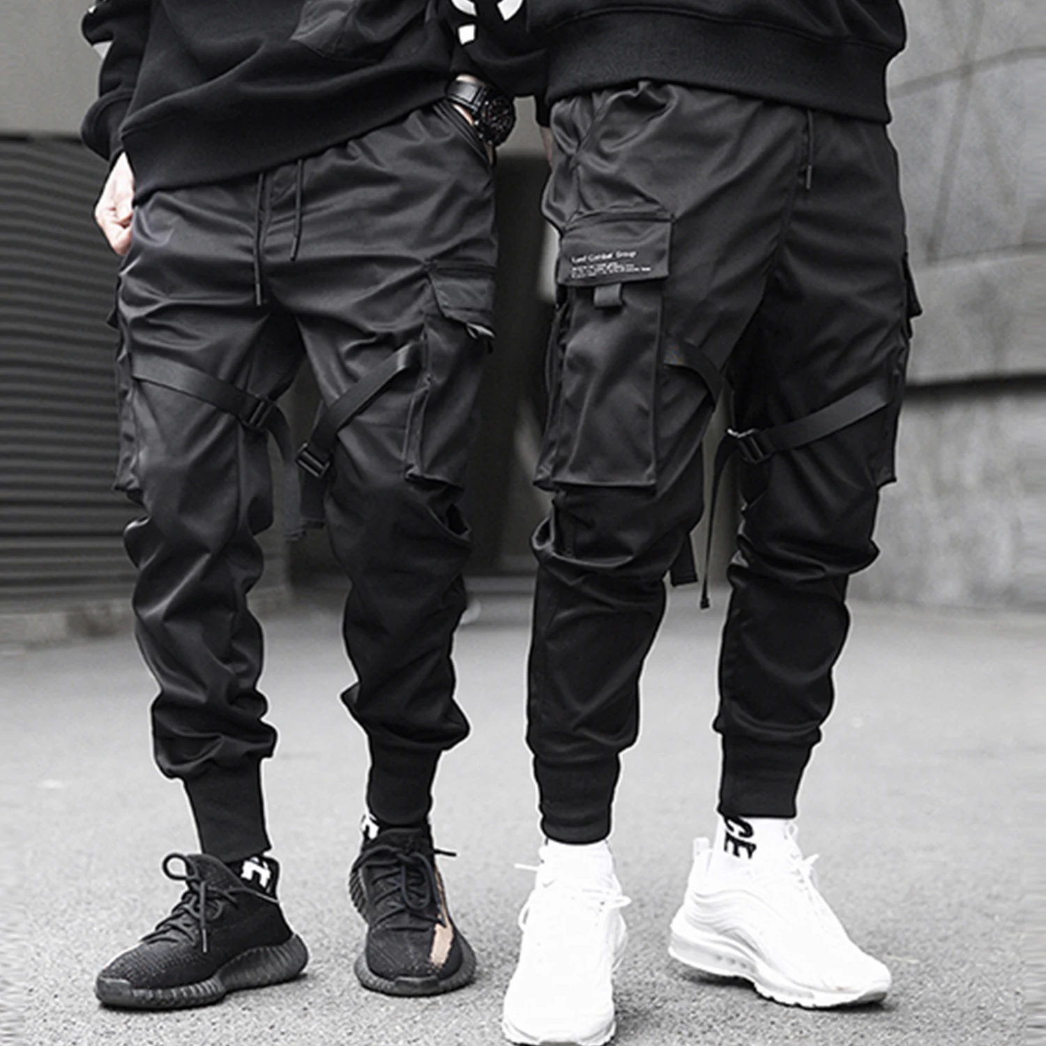 

Ribbons Hip Hop Cargo Pants Men Black Pocket Streetwear Harajuku Techwear Pants Trousers Harem Joggers Sweatpants