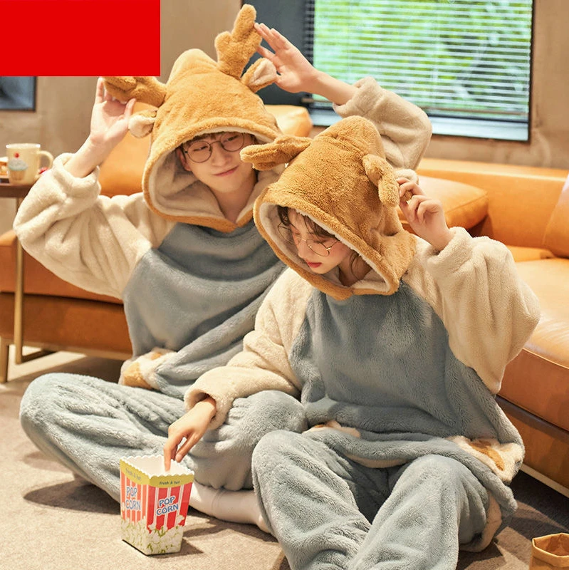 Couple Pajamas Autumn and Winter Models Coral Fleece Men Women Facecloth Cute Thickened Velvet Antlers Winter Pajamas Sleepwear