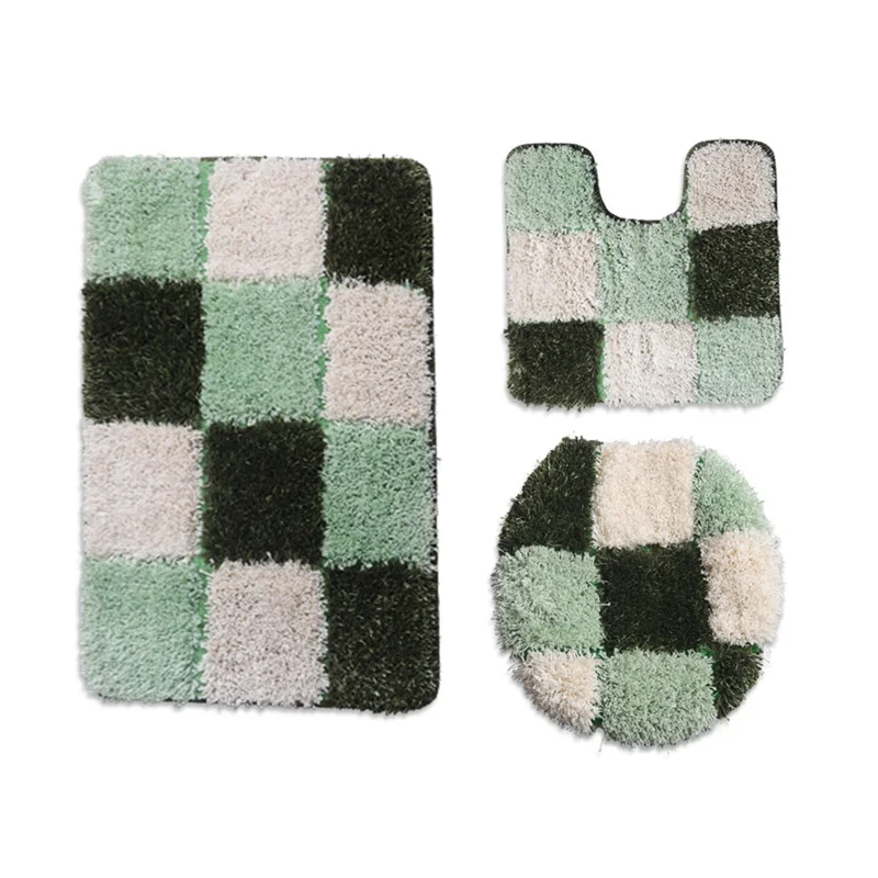 1 set bathroom mat for toilet european grid printing shower room carpet door mat anti slip household lid cover floor rug sets free global shipping