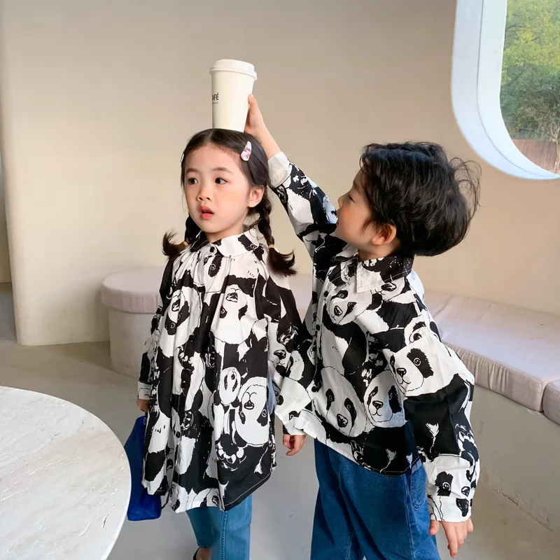 

2021 Spring Autumn For 1-7 Years Children Tops Tees Cotton Cartoon Panda Print Little Baby Kids Girls Long Sleeve Shirts