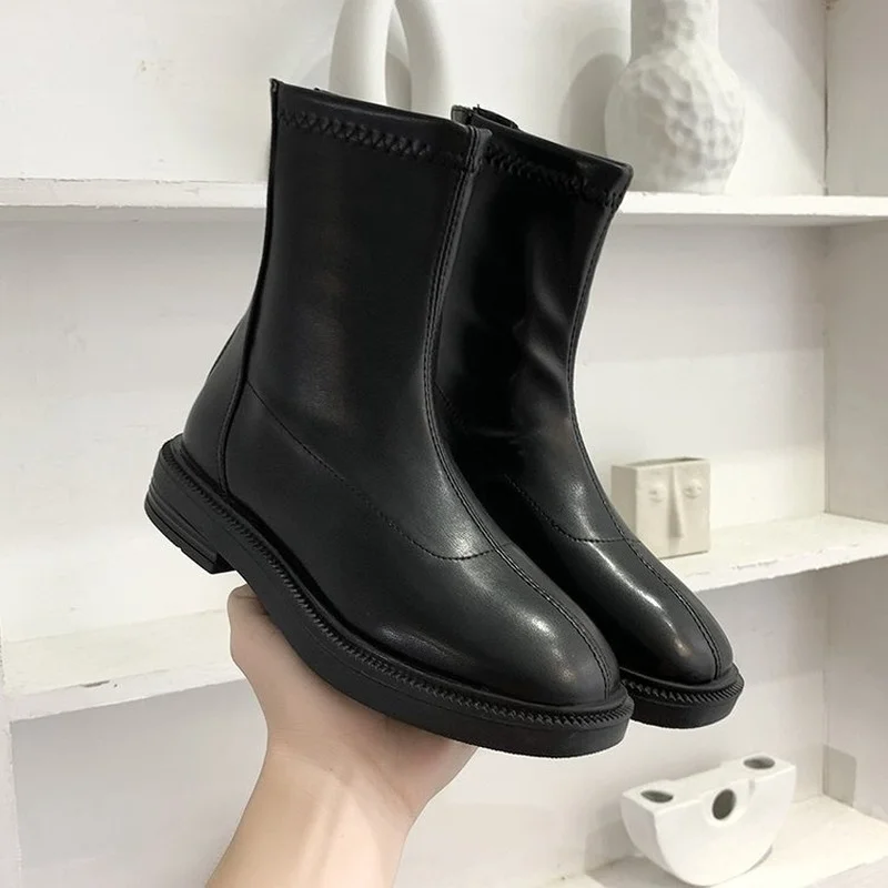 2021 Fall New Boots for Women Fashion Medium Tube Leather Stitching Ladies Boots Korean Fashion Solid Women Boots Shoes Woman