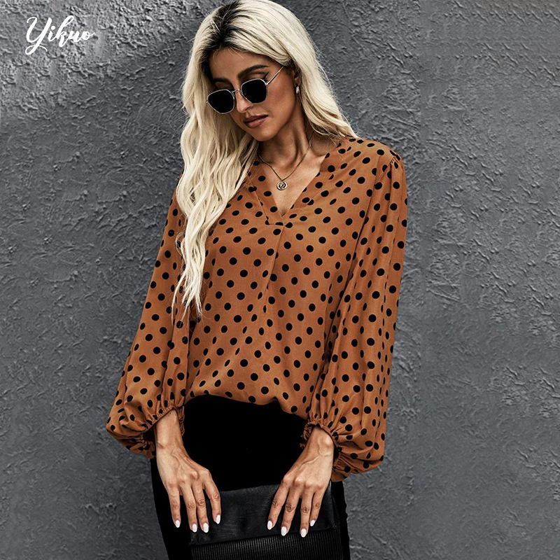 

YIKUO Chiffon Shirt Female European And American Spring And Summer New Wave Point Casual Light Long Sleeve V-Collar Clothes