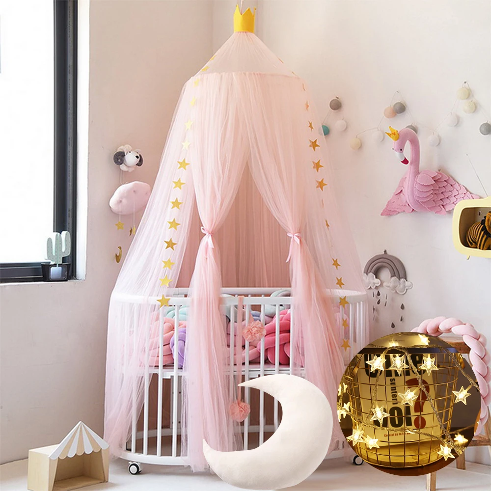 Круглый Серый балдахин кровать москитная сетка со светодиодной веревкой