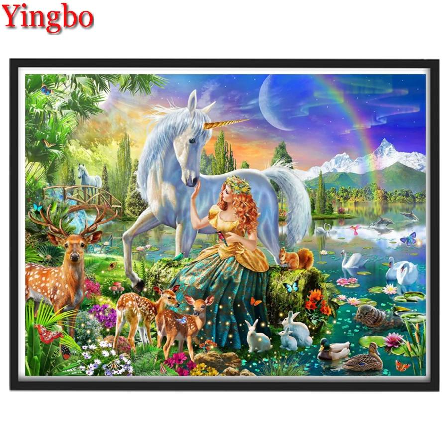 

Diy Gift,Princess and unicorn diamond painting cross stitch Full Square Round diamond embroidery Animal lake scenery,Crystal Art