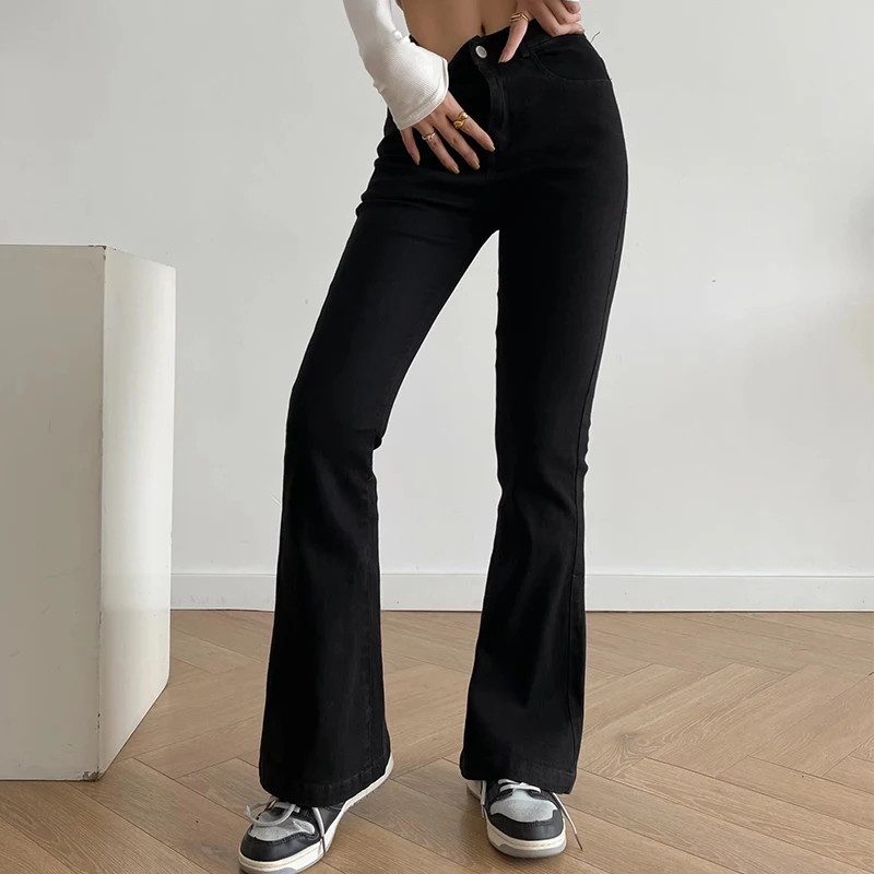 

Модные Черные Облегающие расклешенные джинсы YENKYE 2021, женские винтажные джинсовые брюки с карманами и высокой талией на весну и осень