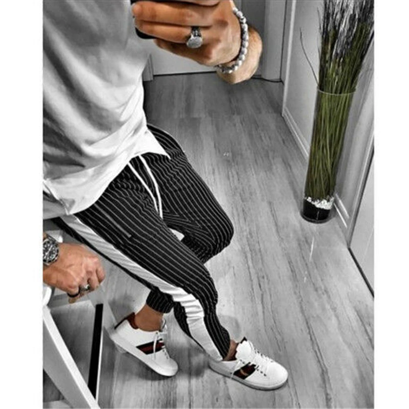 2019 модные трендовые мужские летние повседневные полосатые спортивные узкие