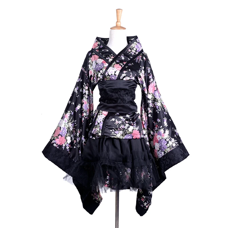 Кимоно для косплея женское праздничное черное кимоно с изображением цветущей