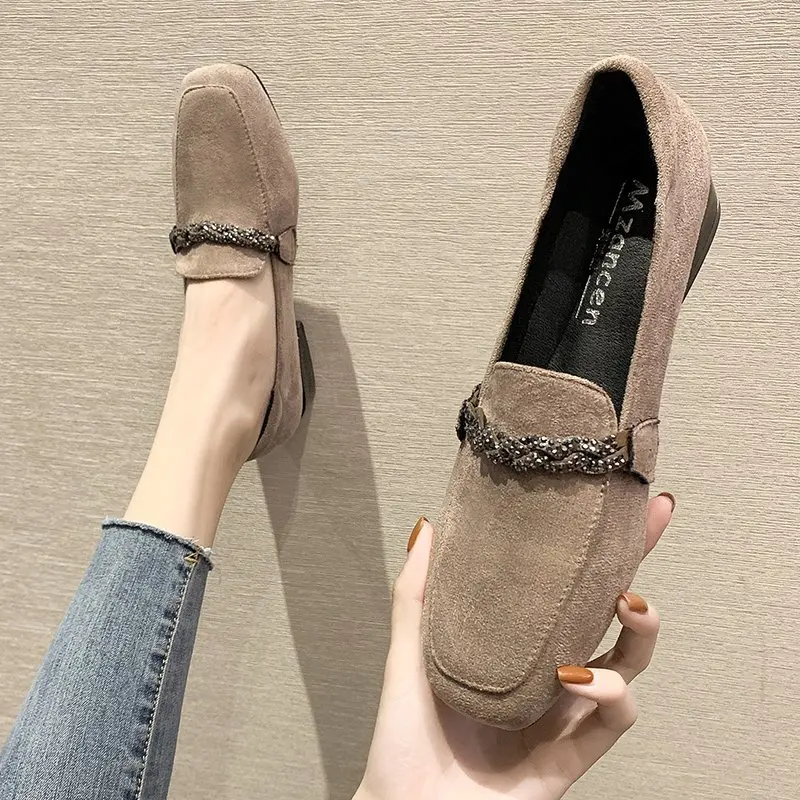 

Crystal Chain Flock Loafers Women Low Heels Espadrilles Women Shoes Ballerina Retor Square Toe Nubuck Velvet Moccasins Flats