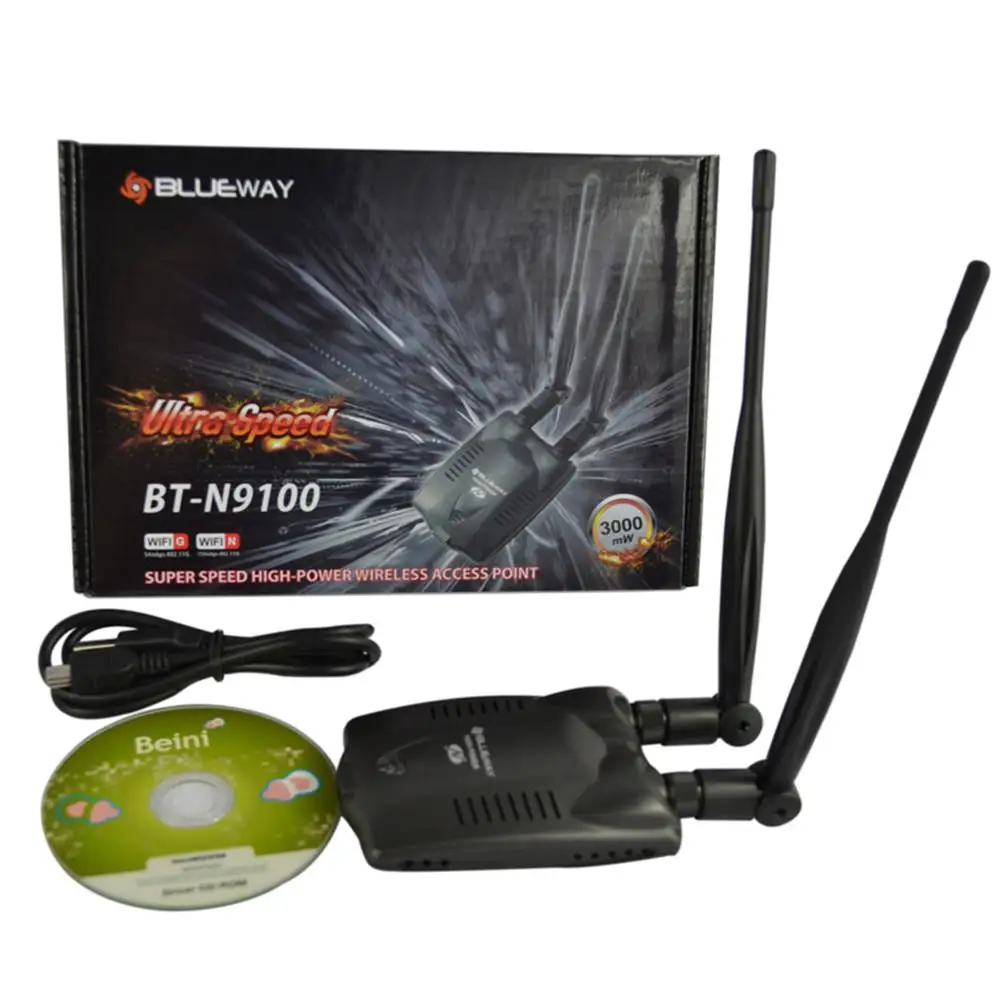 Высокомощная беспроводная сетевая карта с дальним действием High Power 300Mbps BT-N9100 Beini USB Wifi адаптер с двойной антенной декодером Ralink 3070L чипсетом.