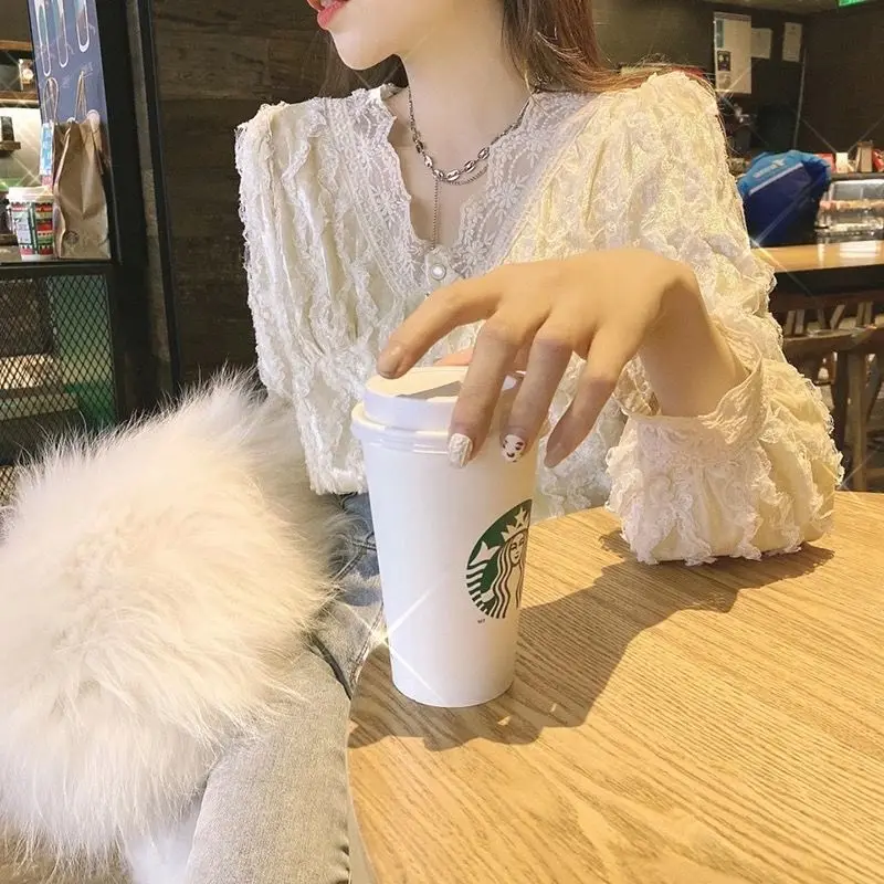 

2021 Summer V Neck Sexy Shirts Ladies Long Sleeve Chiffon Elegant Blouses and Tops Women Button Office Lace Shirt Korean Style