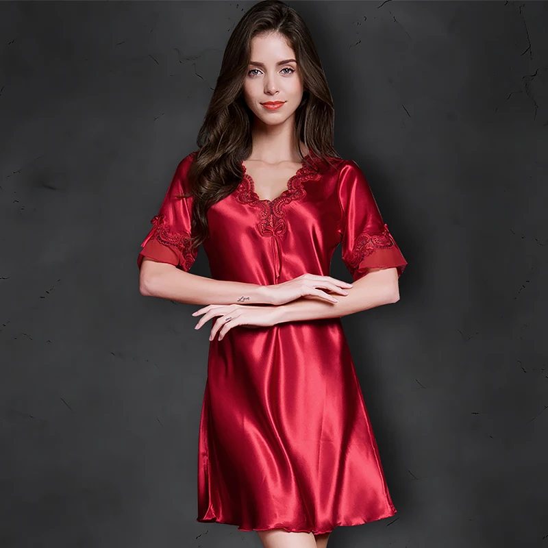Summer Women Satin Dress Luxury Imitation Silk Healthy Lingerie Nightgown Lace Nightdress Sleepwear Nightie Homewear Nightwear