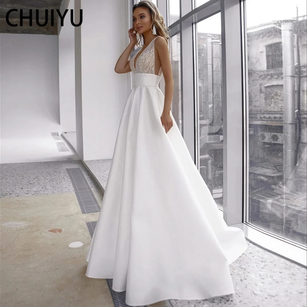 

ТРАПЕЦИЕВИДНОЕ свадебное платье HERBURNL с V-образным вырезом и открытой спиной, платья без рукавов с бисером и блестками, длинное 2022 для женщин,...