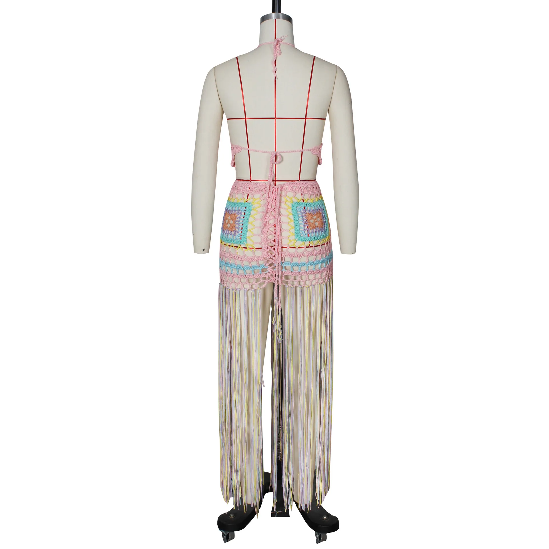 

Hand Hook Perspective Skirt Suit Two-piece Large Size Women's Suspender Top + Fringed Long Skirt Hollow Beach Skirt Suit 2021