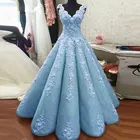 Женское длинное свадебное платье, голубое платье с V-образным вырезом и 3D цветочной аппликацией, бальное платье в стиле Саудовской Аравии, 2021
