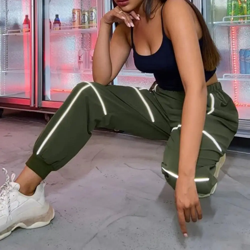 

Pants Reflective Stripes Loose Sweatpants Women Ankle Tied High Waist Trousers for Sports