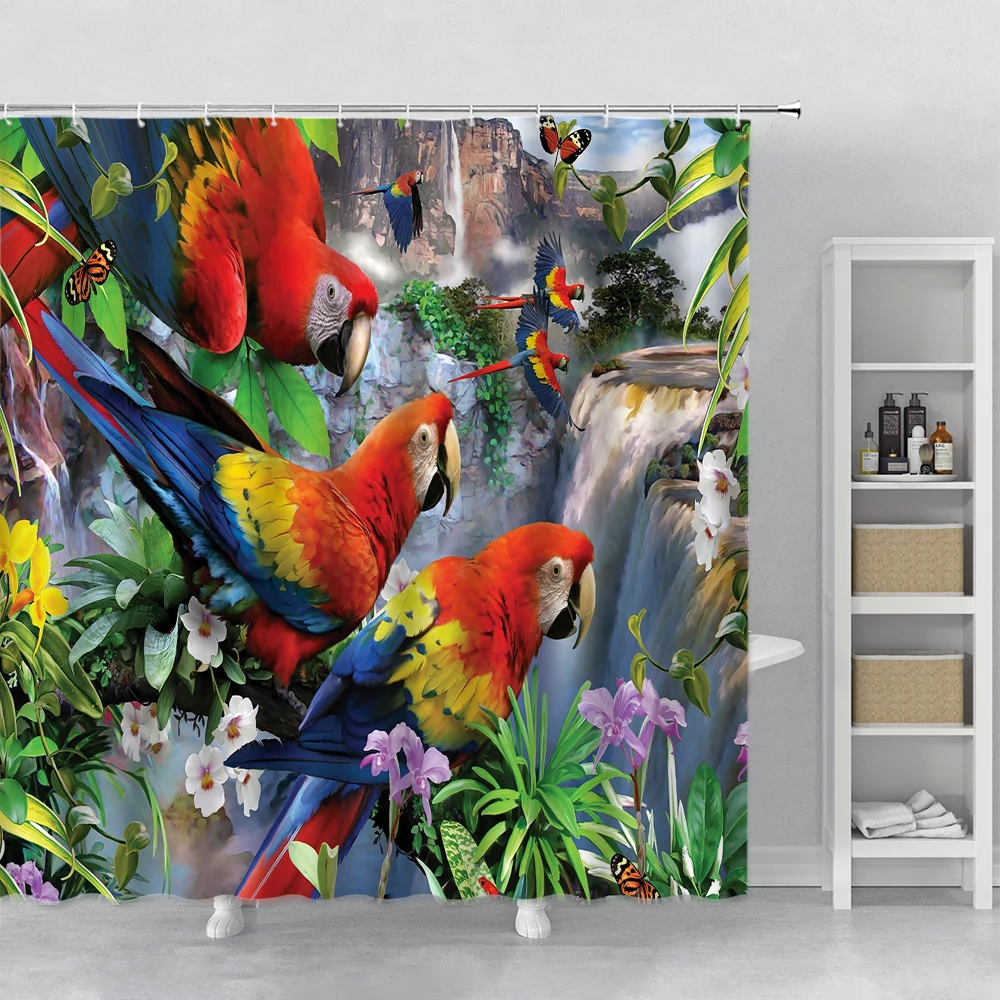 

Aesthetic Landscape Forest Colorful Parrot Bird Shower Curtains Bathroom Set Curtains Bathroom Curtain Forest Waterfall Scenery