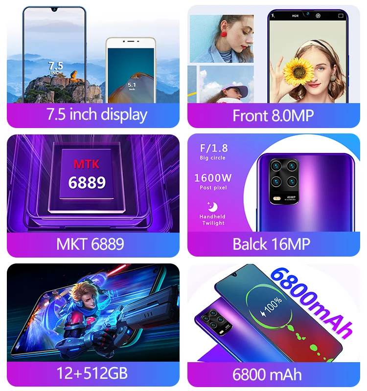 

Global Version 7.5 Inch ME20 Snapdragon 865 Android10 Phone 6800mAh 12GB RAM 512GB ROM Deca Core 4 Camera Cell Mobile Smartphone