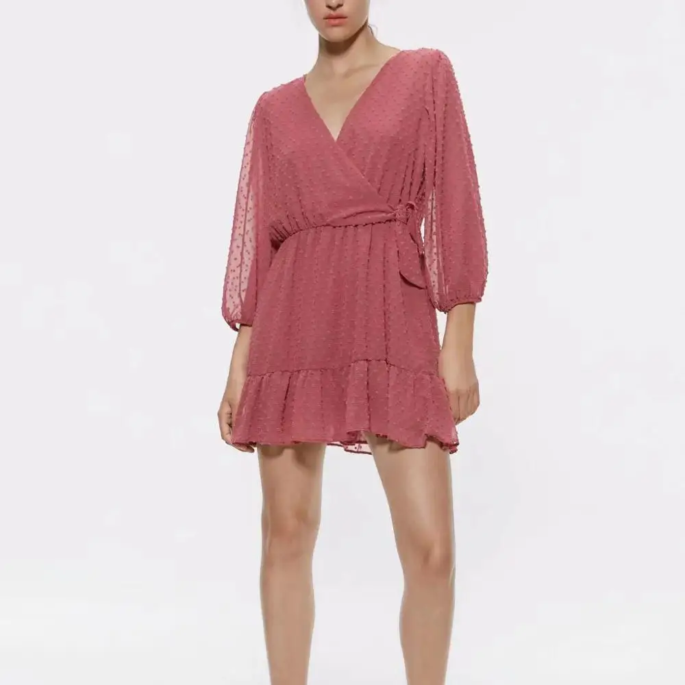 Женское шифоновое платье с v-образным вырезом жаккардовое длинным рукавом и