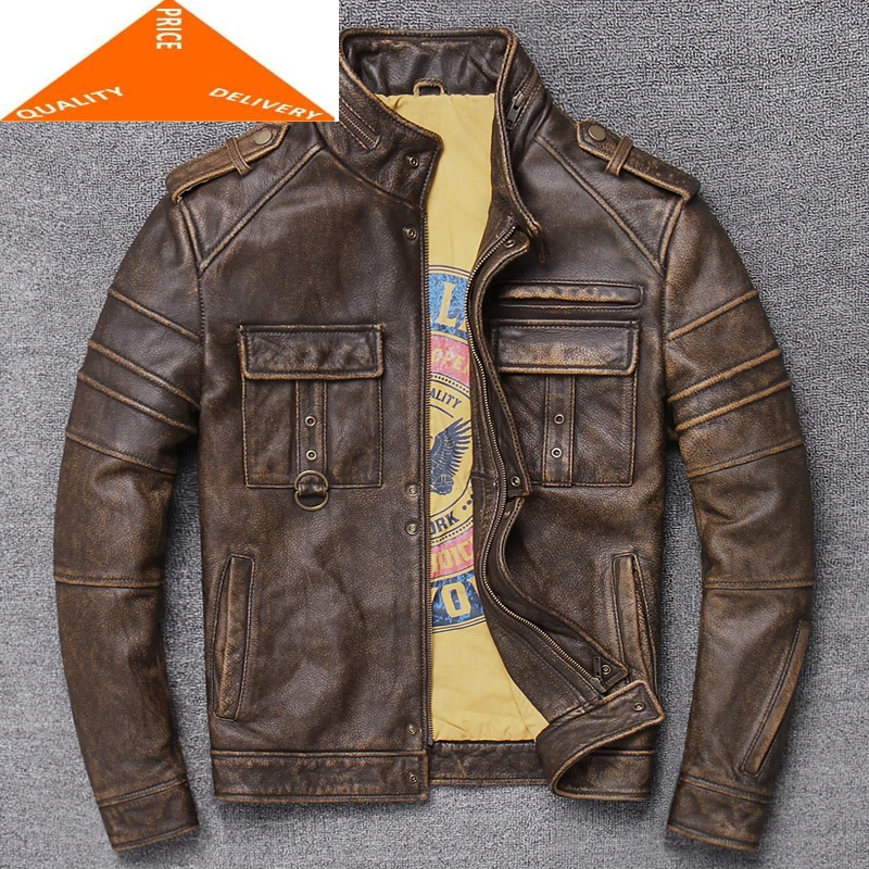 

Autumn Real Men 100% Winter Clothes Streetwear Moto Fit Genuine Cow Coat Men's Leather Jacket 2097