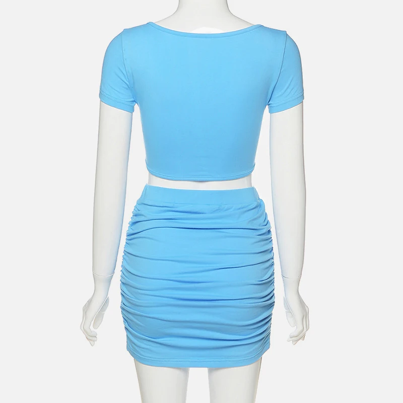 

Sexy 2 Piece Women Sets V-neck Short Sleeve Cropped Top Hip Mini Skirt 2020 Summer New Fashion Blue Female Streetwear