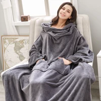 soft warm long fleece blanket with sleeves coral fleece pocket fuzzy robe adult winter wash flannel blankets home travel camping