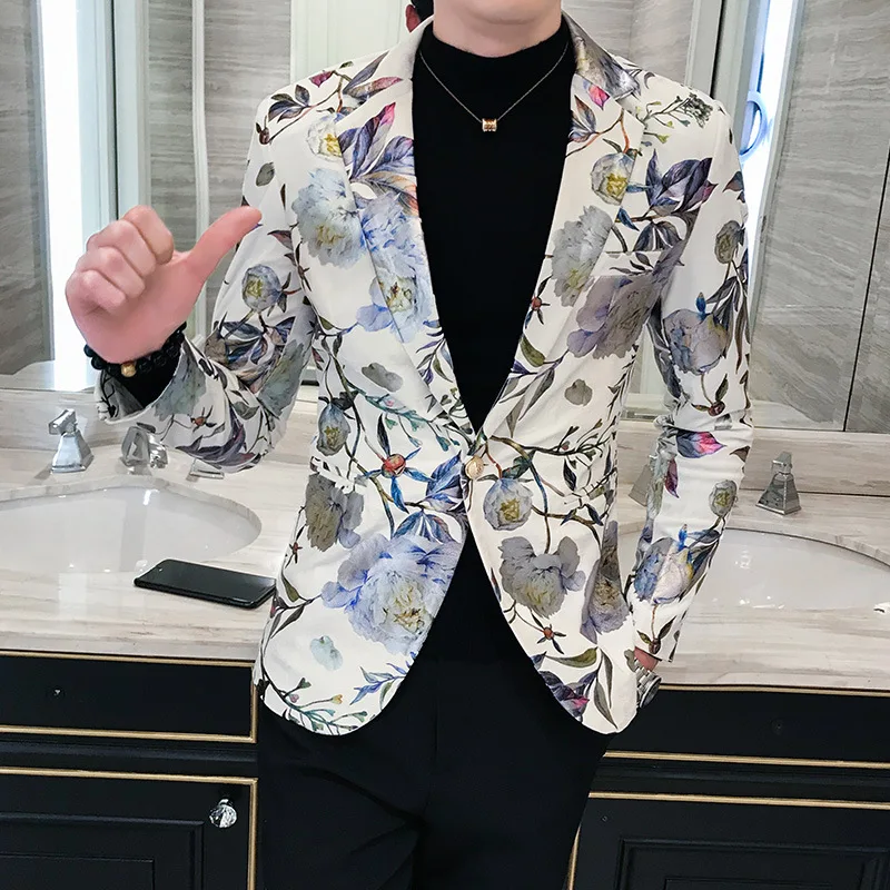 

2021 new spring clothes men's suit fashion printing photo performance clothes smooth slim no iron boys' small suit