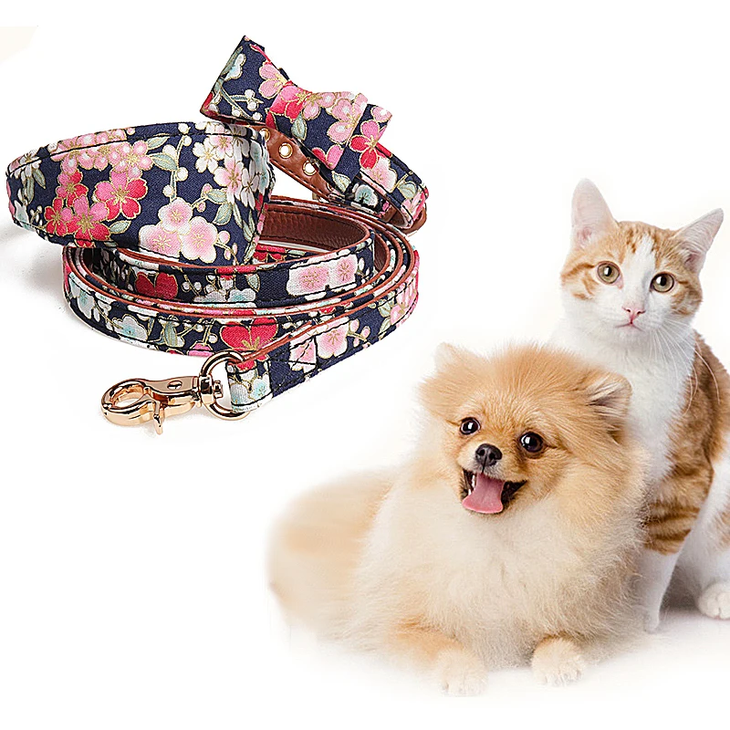 

3-piece Set Pet Dog Collar Adjustable Pet Cat Scarf Collar Cute Pet Scarf PU Bow Tie Leash Set Necklace Printing Pet supplies