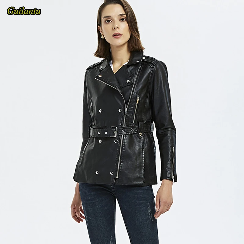 

Женская куртка из искусственной кожи Guilantu, длинное пальто с отложным воротником, на молнии, верхняя одежда из искусственной кожи, мотоцикле...
