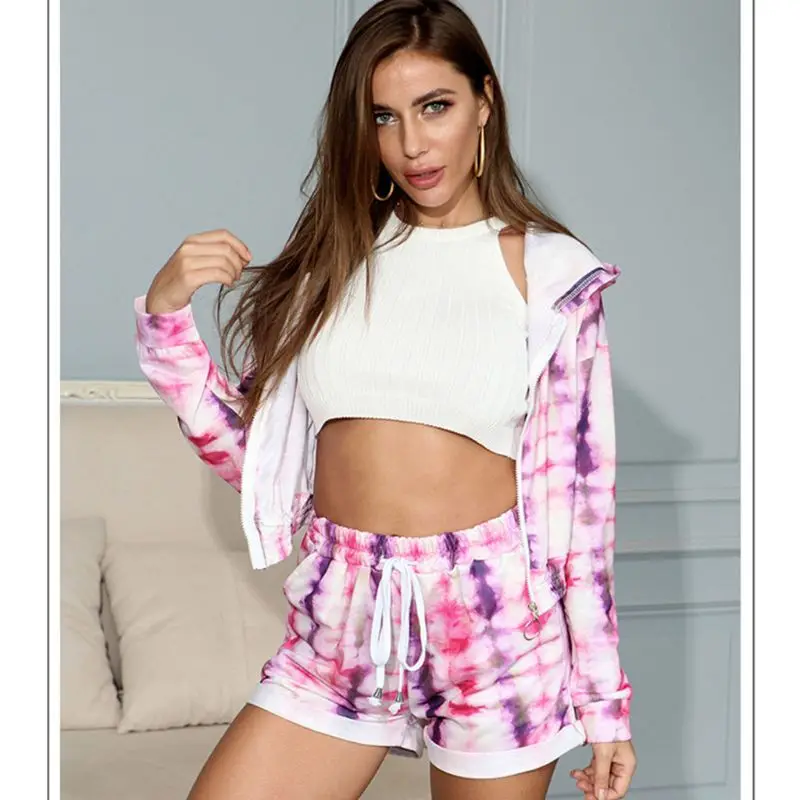 

Women Tie-Dye Print 2 Piece Outfits Long Sleeve Zipper Hoodie Jacket Crop Tops Drawstring Shorts Sports Lounge Tracksuit