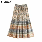 Винтажная шикарная Женская юбка в стиле хиппи с цветочным принтом павлина, Пляжная богемная юбка с высокой талией, юбка-трапеция средней длины из хлопка в стиле бохо