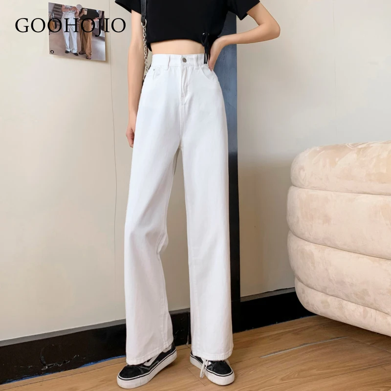 

Новинка 2021, весенне-осенние прямые ковбойские брюки GOOHOJIO, универсальные шикарные джинсы, женские широкие брюки с высокой талией для женщин