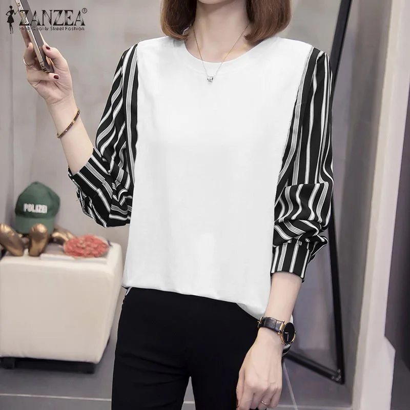 

Модная офисная блузка ZANZEA, стильная женская рубашка в полоску с длинным рукавом, в стиле пэчворк, Осенние Топы в Корейском стиле, блузки овер...