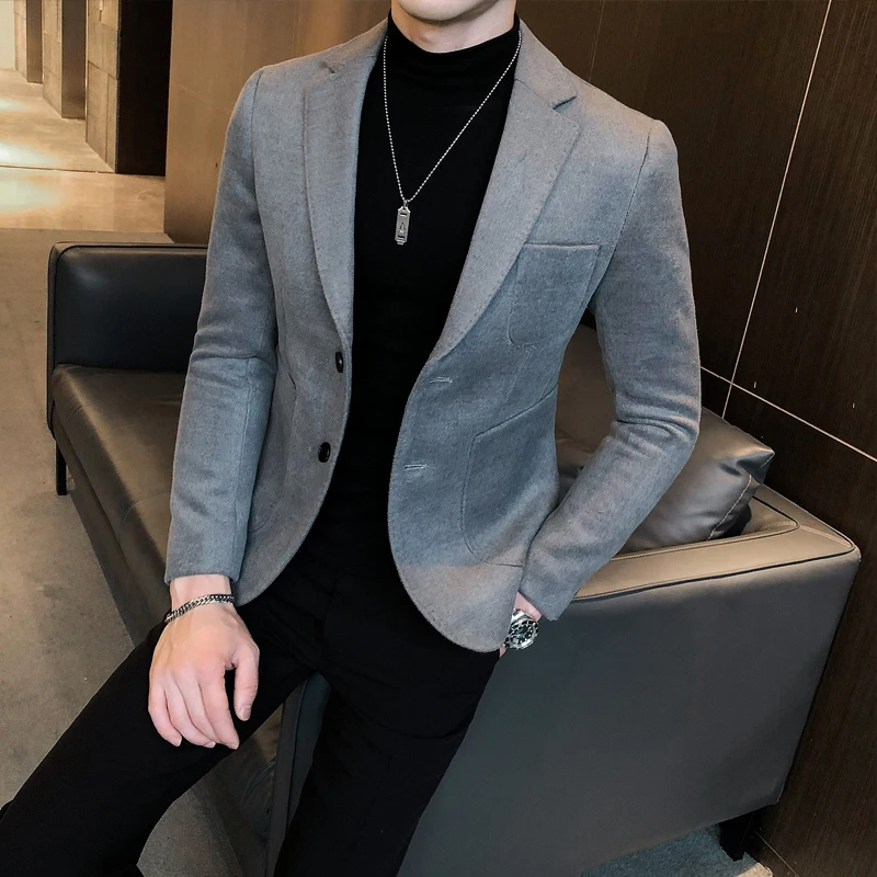 

2021 Brand clothing Fashion Men autumn Leisure plaid Woolen cloth suit Jacket/Mae slim fit pure color Blazers Coats S-3XL