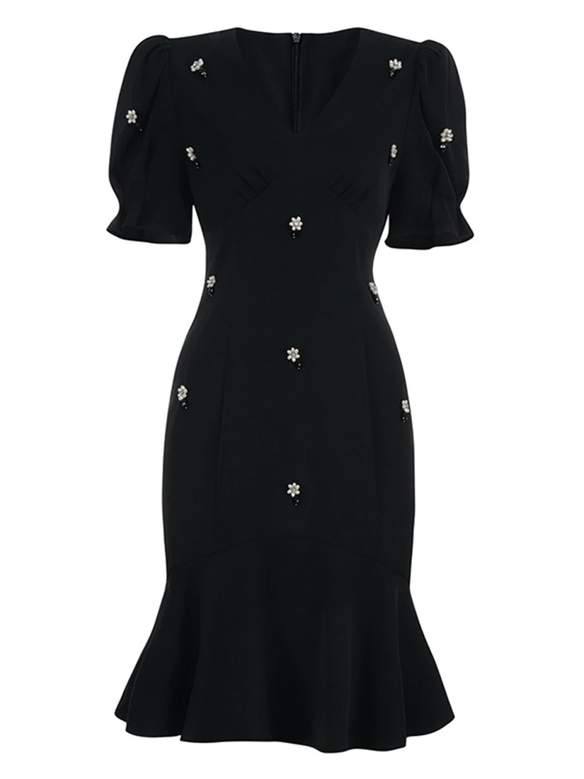 

Elegant Black Slim Mermaid Dress Female 2021 Summer New Women's V-Neck Short Puff Sleeve Temperament Dress Ladies Dress