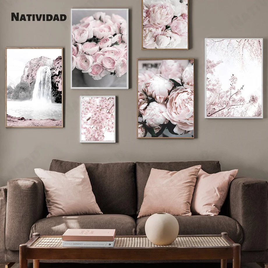 

Pink Flowers Peony Cherry Carnation Flower Mountain Nordic Poster and Print Mural Art Canvas Painting Mural Living Room Painting