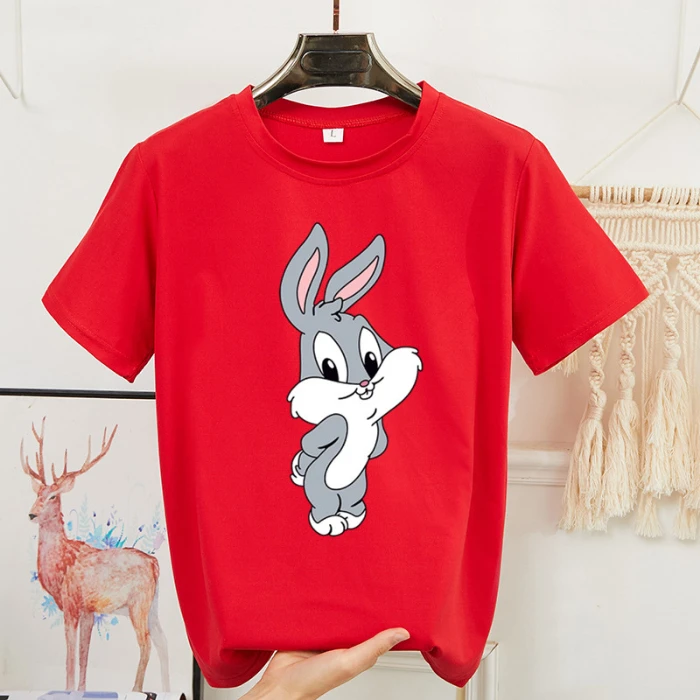 

2021 Summer Print Cartoon Rabbit Cute Shirt Women O-neck Short Sleeve 8 Colors White Black Kawaii Shirts Women Oversized T-shirt