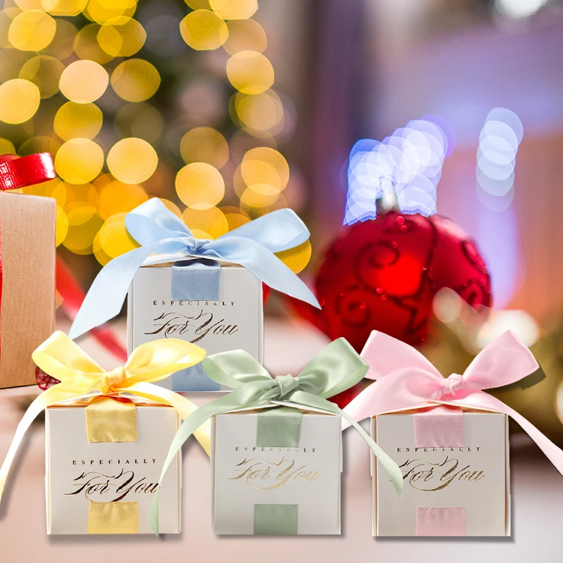 

50/100 Pcs Souvenirs Favors Gifts Box Baptism Wedding Candy Boxes With Ribbon DIY Christening Baby Shower Wedding Party Deco