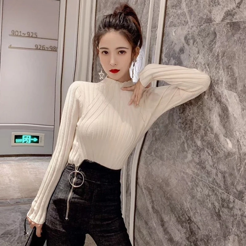 Женский вязаный свитер черный облегающий в Корейском стиле Осень-зима 2019 |