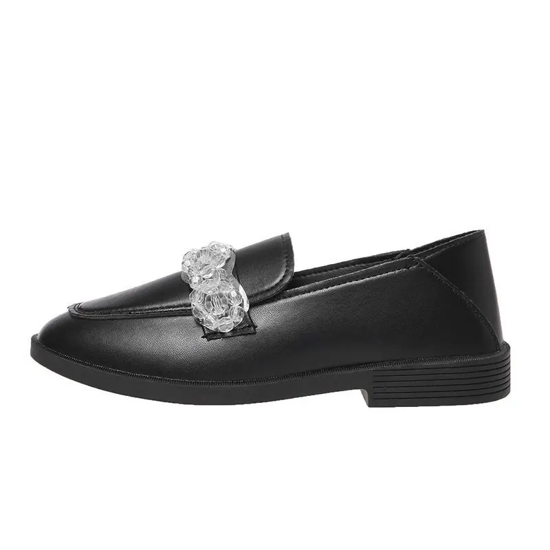 

Casual Woman Shoe Round Toe Female Footwear Soft Shallow Mouth Crystal Black Flats Boat Summer Dress Comfortable Rhinestone Rubb
