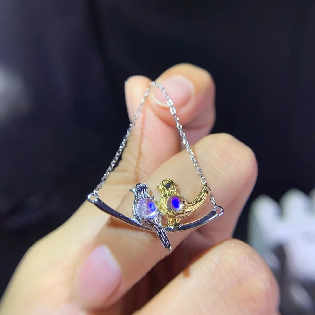 

Natural light blue moonstone Necklace natural gemstone Pendant Necklace S925 silver Romantic lovers bird woman party Jewelry