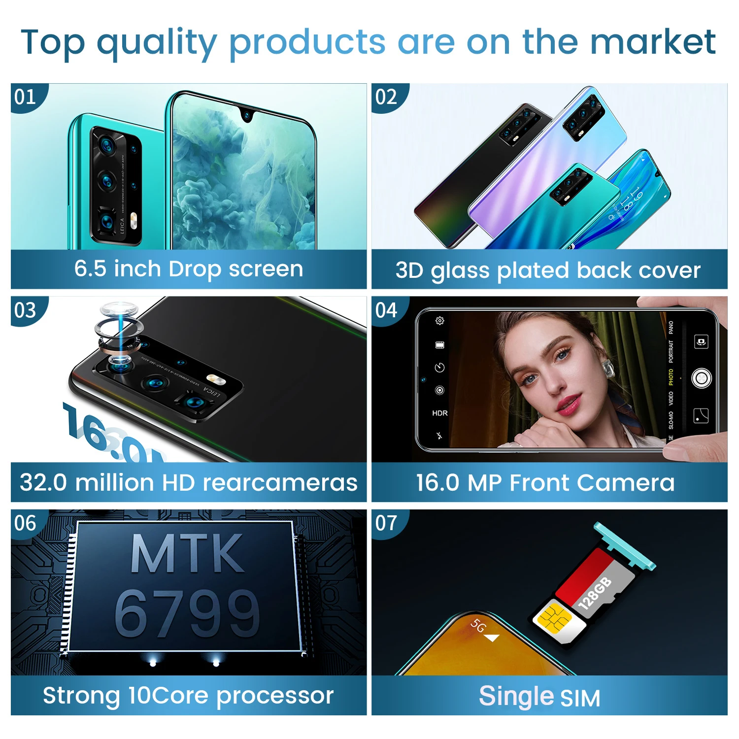 

P40 Pro+ Smartphones 10 Core Android 5000mAh Cell Phones 16GB 6.5inch Mobile Phones HD+Waterdrop Screen Reflective back shell