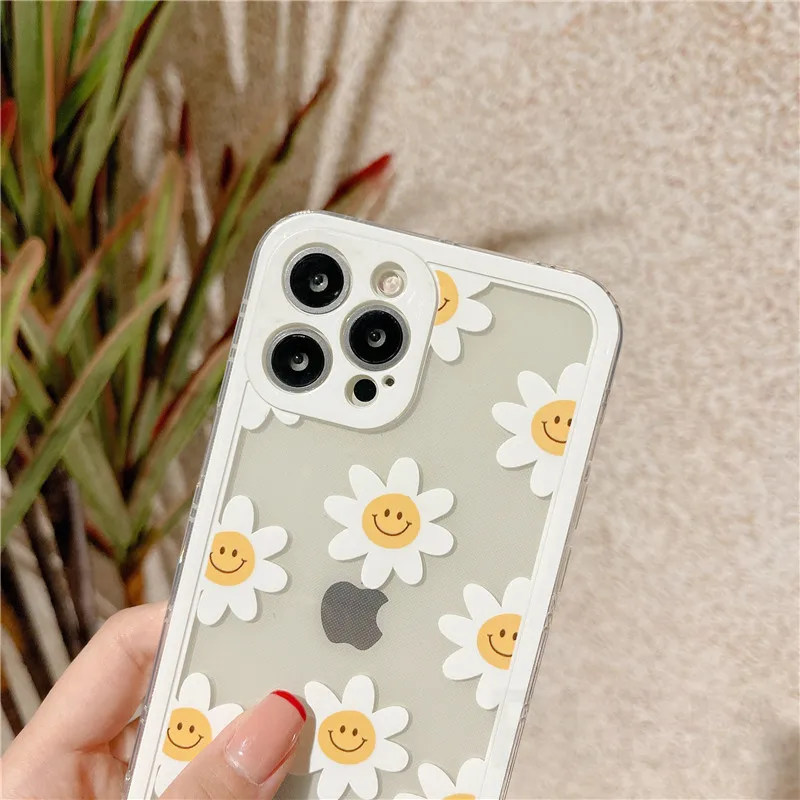 

Cute Daisy Flower Phone Case Wrist Chain For iPhone 12 mini 11 Pro Max 7 8 Plus SE 2020 X XR XS Max Floral Soft Clear Cover Capa